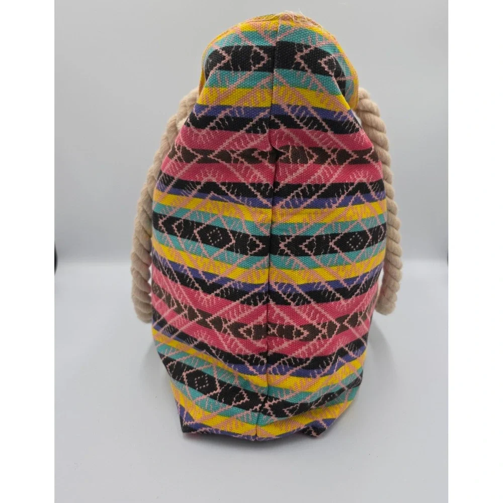 Boho Woven Tribal Print Beach Tote Bag Pink Yellow Rope Handles Zipper